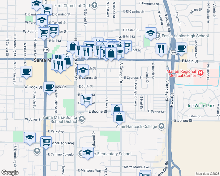 map of restaurants, bars, coffee shops, grocery stores, and more near 723 East Cook Street in Santa Maria