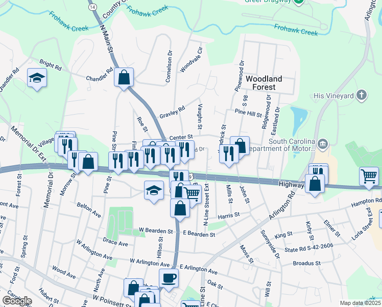 map of restaurants, bars, coffee shops, grocery stores, and more near 204a Wildwood Drive in Greer