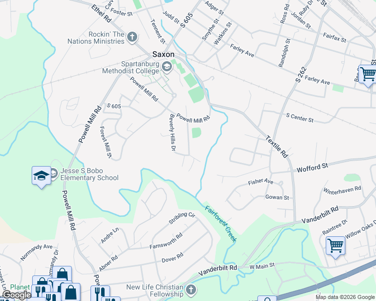 map of restaurants, bars, coffee shops, grocery stores, and more near 18 Beverly Hills Drive in Spartanburg