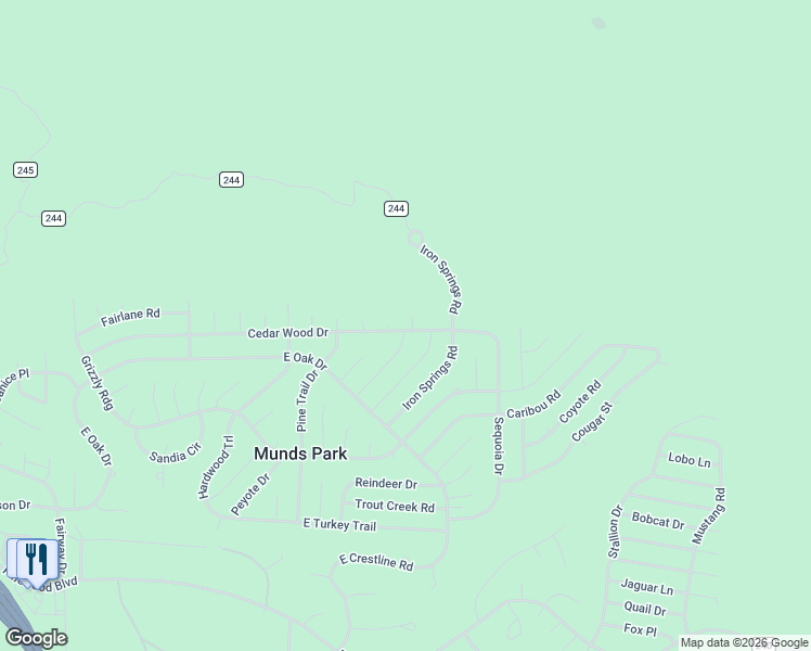 map of restaurants, bars, coffee shops, grocery stores, and more near 17020 Bowstring Road in Munds Park