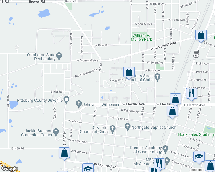 map of restaurants, bars, coffee shops, grocery stores, and more near 627 Hickory Ridge Drive in McAlester