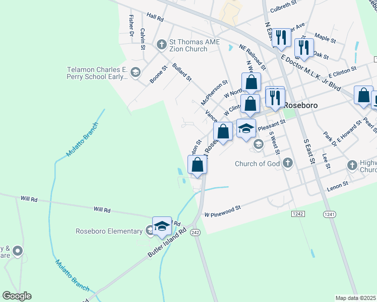 map of restaurants, bars, coffee shops, grocery stores, and more near 701-799 West Clinton Street in Roseboro