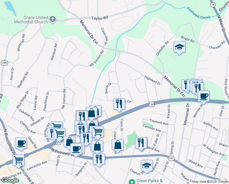map of restaurants, bars, coffee shops, grocery stores, and more near 305 Tryon Street in Greer