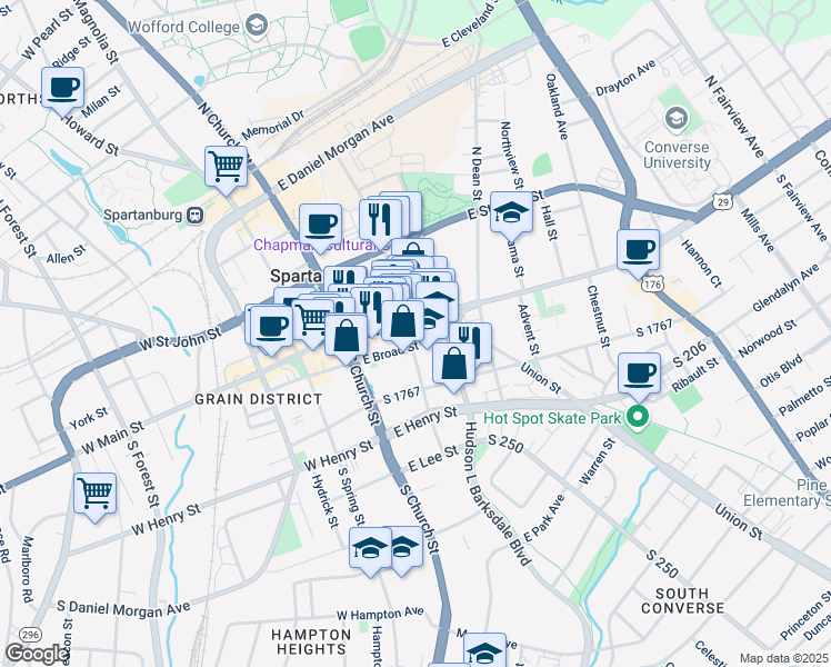 map of restaurants, bars, coffee shops, grocery stores, and more near 185 East Main Street in Spartanburg