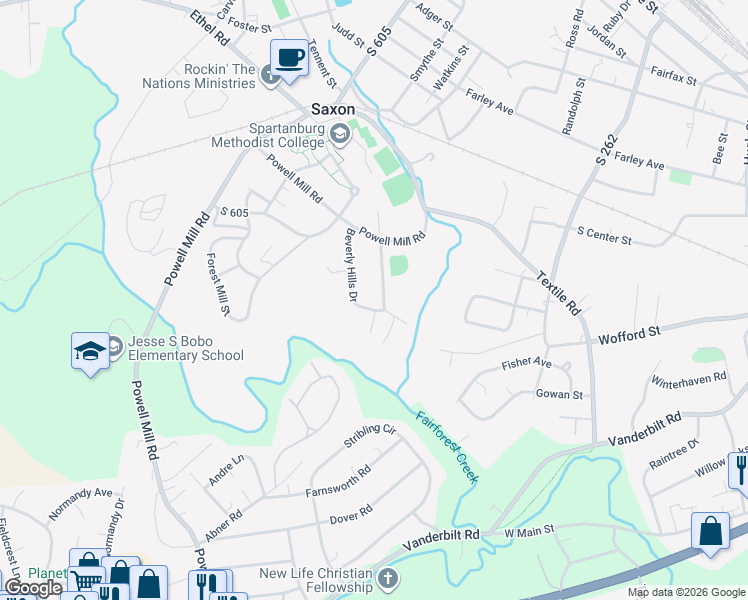 map of restaurants, bars, coffee shops, grocery stores, and more near 18 Beverly Hills Drive in Spartanburg