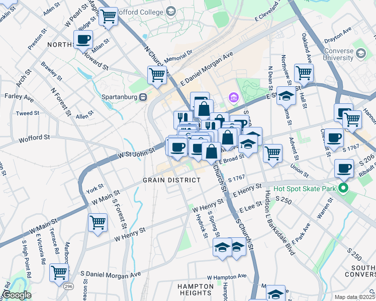 map of restaurants, bars, coffee shops, grocery stores, and more near 100 Dunbar Street in Spartanburg