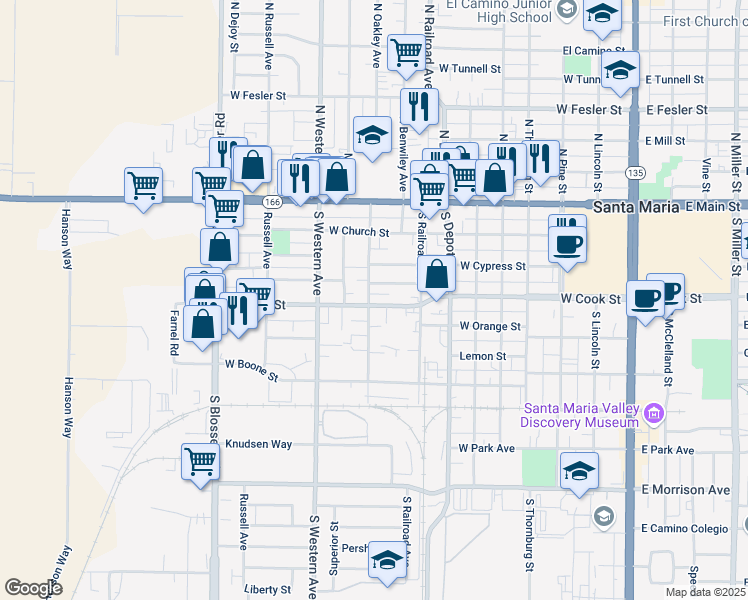 map of restaurants, bars, coffee shops, grocery stores, and more near 845 West Cook Street in Santa Maria