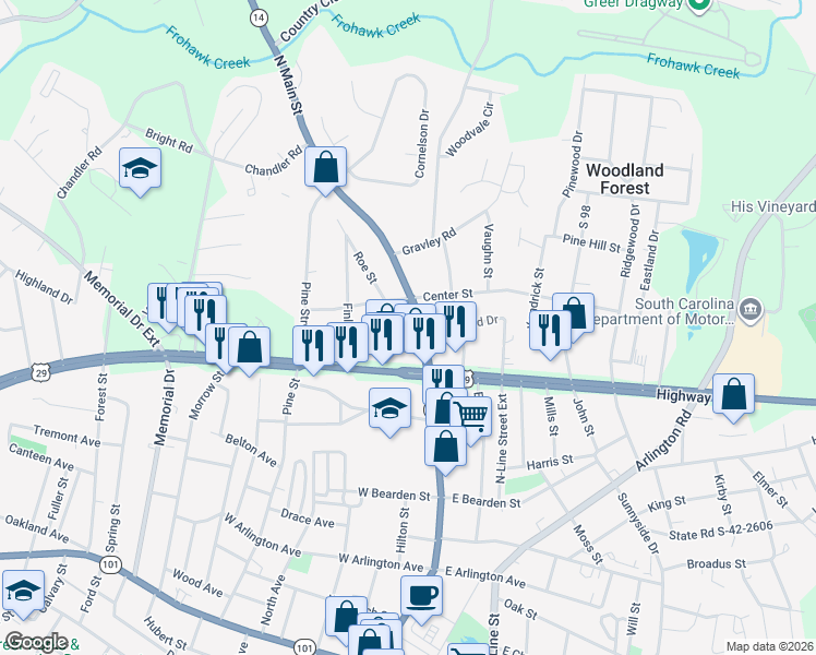map of restaurants, bars, coffee shops, grocery stores, and more near 713 North Main Street in Greer