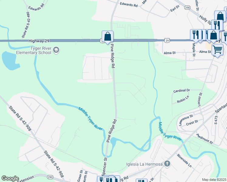 map of restaurants, bars, coffee shops, grocery stores, and more near 412 Pine Ridge Road in Duncan