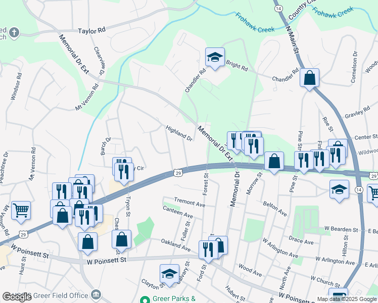 map of restaurants, bars, coffee shops, grocery stores, and more near 106 Caldwell Street in Greer