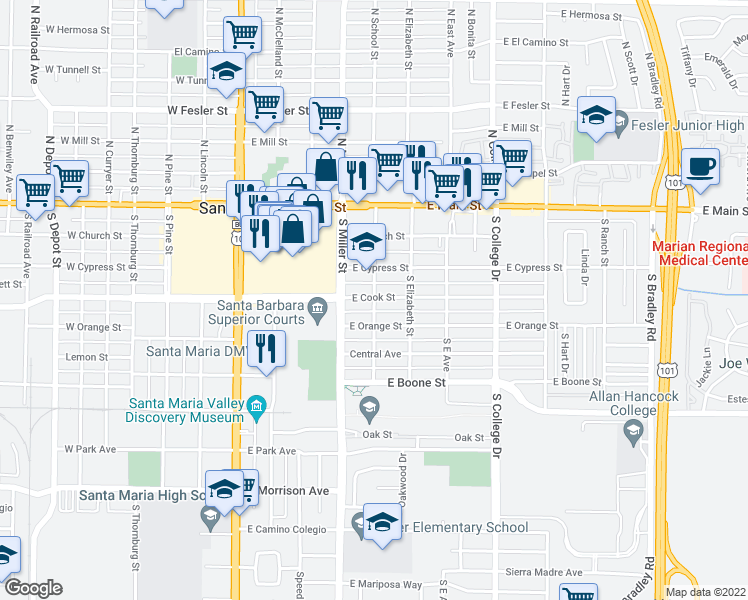 map of restaurants, bars, coffee shops, grocery stores, and more near 410 South School Street in Santa Maria