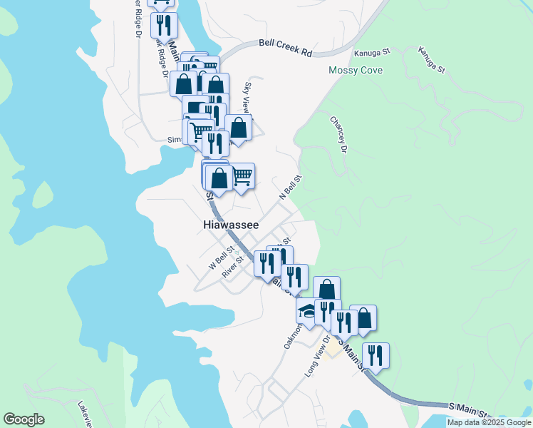 map of restaurants, bars, coffee shops, grocery stores, and more near 3 Bell Street in Hiawassee