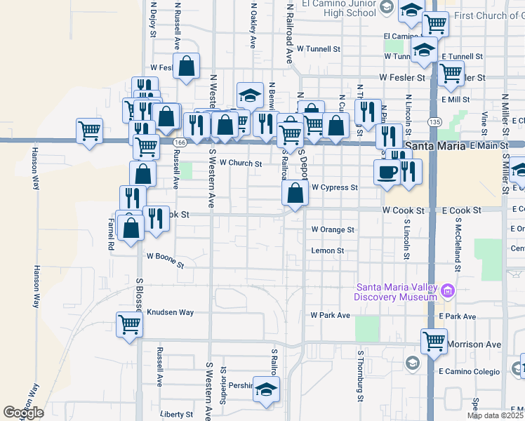 map of restaurants, bars, coffee shops, grocery stores, and more near 845 West Cook Street in Santa Maria