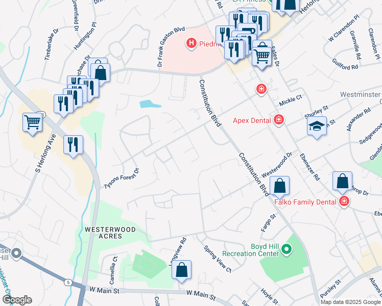 map of restaurants, bars, coffee shops, grocery stores, and more near 337 Market Hall Place in Rock Hill