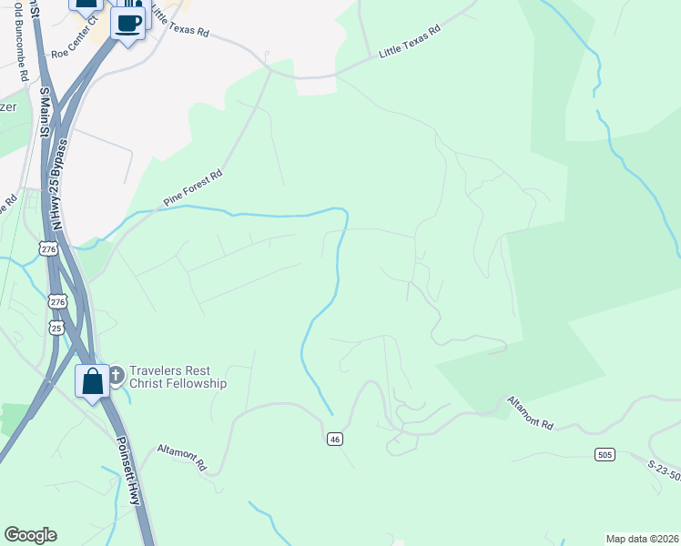 map of restaurants, bars, coffee shops, grocery stores, and more near 90 Roco Trail in Travelers Rest