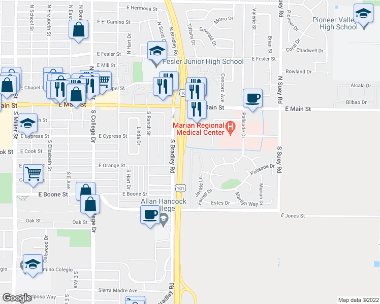 map of restaurants, bars, coffee shops, grocery stores, and more near 1236 Estes Drive in Santa Maria