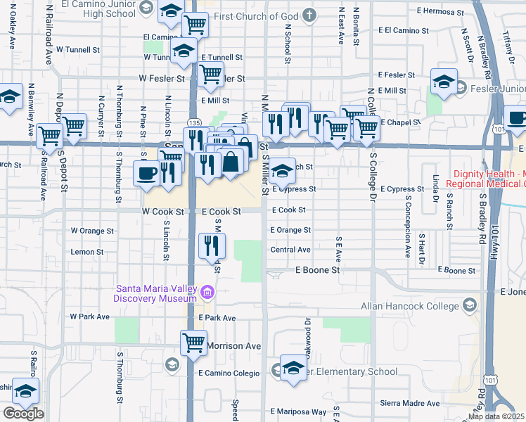 map of restaurants, bars, coffee shops, grocery stores, and more near South Miller Street & East Cook Street in Santa Maria