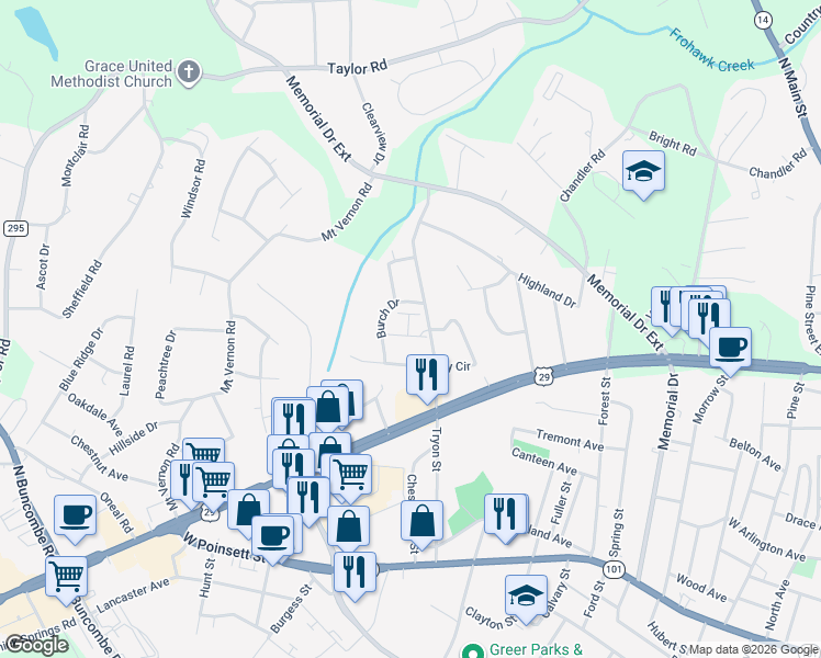 map of restaurants, bars, coffee shops, grocery stores, and more near 305 Tryon Street in Greer