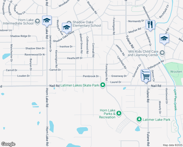 map of restaurants, bars, coffee shops, grocery stores, and more near 6126 Cornwall Road in Horn Lake