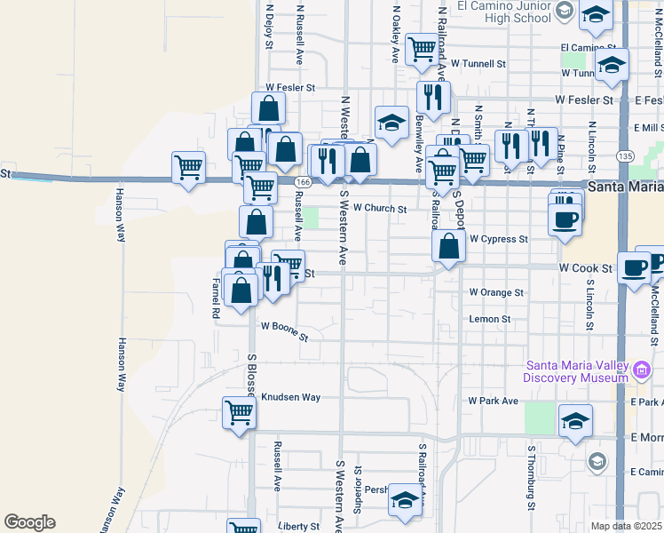map of restaurants, bars, coffee shops, grocery stores, and more near 1009 West Cook Street in Santa Maria