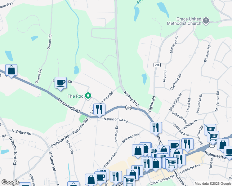 map of restaurants, bars, coffee shops, grocery stores, and more near 605 South Mountain View Road in Greer