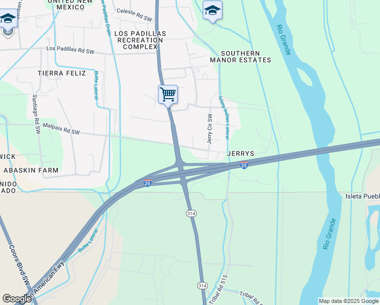 map of restaurants, bars, coffee shops, grocery stores, and more near 1904 Malpais Rd SW in Albuquerque