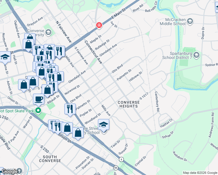 map of restaurants, bars, coffee shops, grocery stores, and more near 642 Palmetto Street in Spartanburg