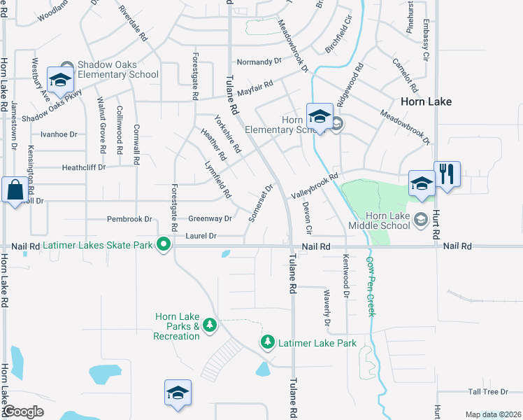 map of restaurants, bars, coffee shops, grocery stores, and more near 6160 Somerset Drive in Horn Lake