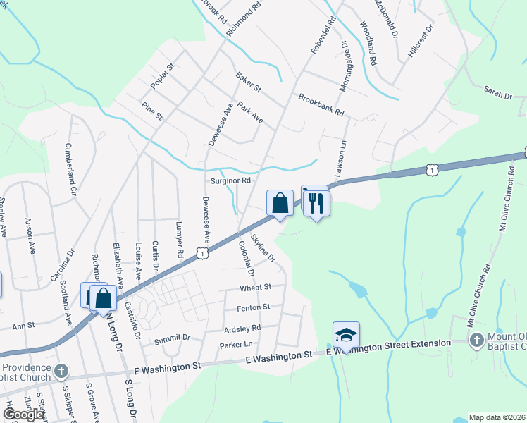 map of restaurants, bars, coffee shops, grocery stores, and more near 2111 Fayetteville Road in Rockingham