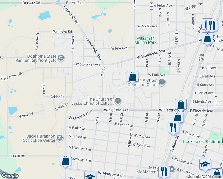 map of restaurants, bars, coffee shops, grocery stores, and more near 603 Hickory Ridge Drive in McAlester