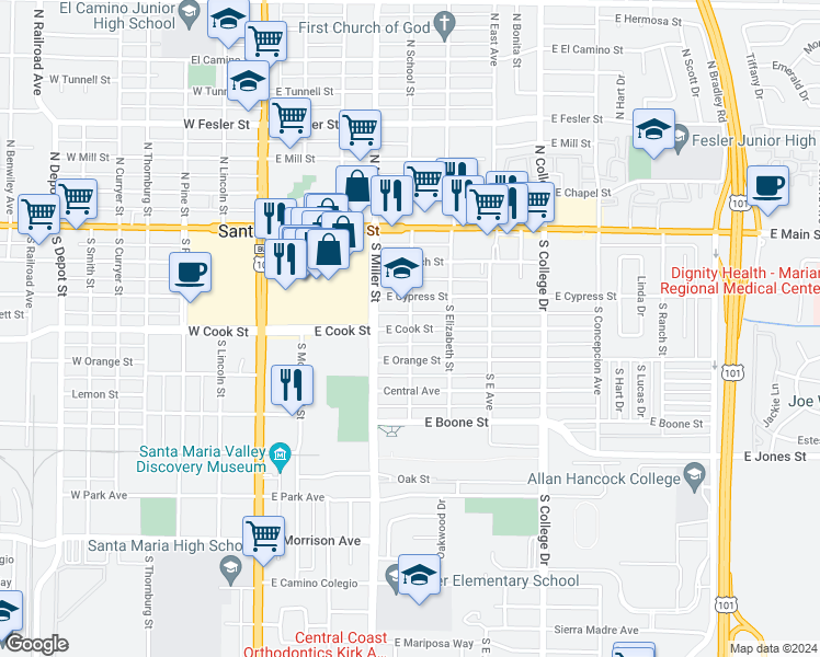 map of restaurants, bars, coffee shops, grocery stores, and more near 399 South School Street in Santa Maria