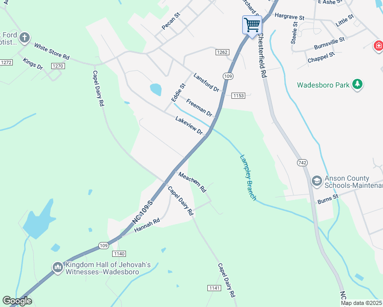 map of restaurants, bars, coffee shops, grocery stores, and more near 1604 109 in Wadesboro