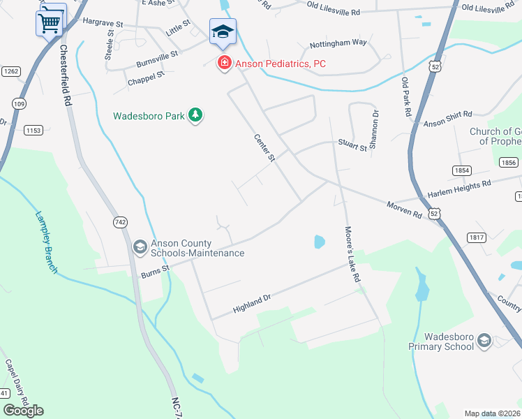 map of restaurants, bars, coffee shops, grocery stores, and more near 813 Burns Street in Wadesboro