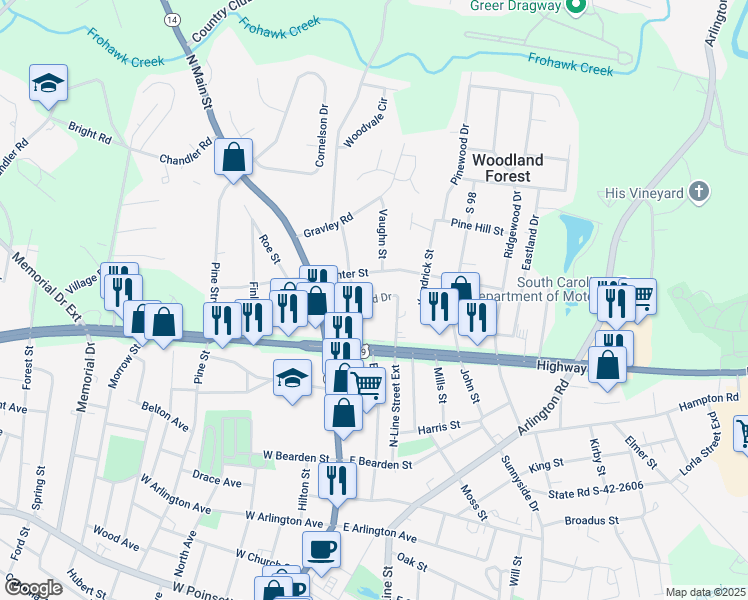 map of restaurants, bars, coffee shops, grocery stores, and more near 204 Wildwood Drive in Greer