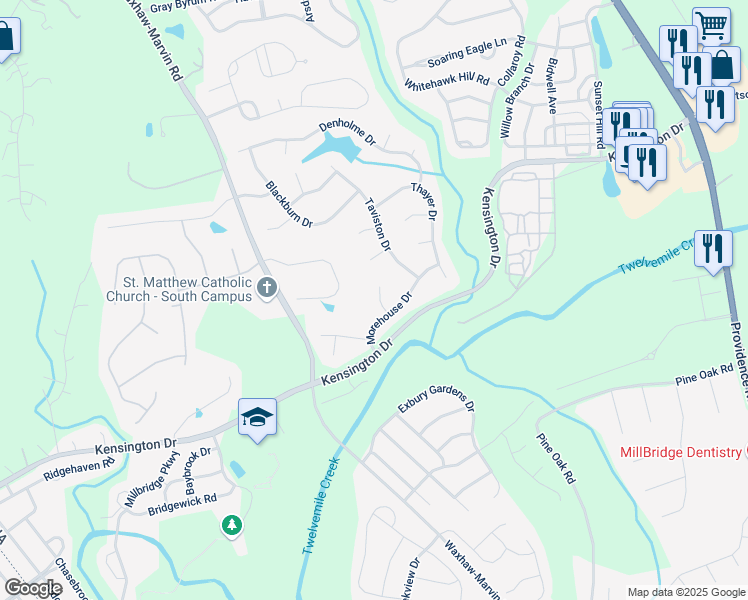 map of restaurants, bars, coffee shops, grocery stores, and more near 3006 Spruell Court in Waxhaw