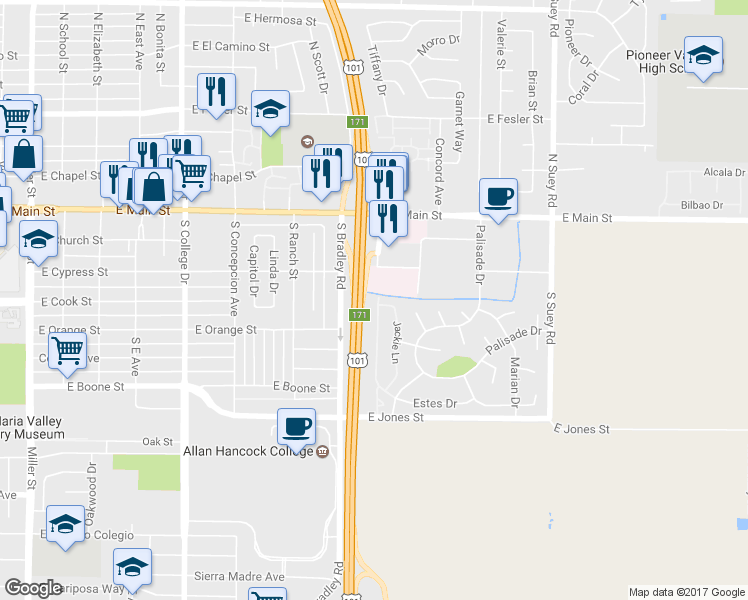 map of restaurants, bars, coffee shops, grocery stores, and more near 1234 Estes Drive in Santa Maria
