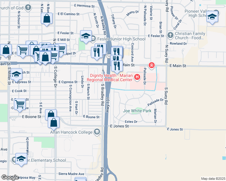map of restaurants, bars, coffee shops, grocery stores, and more near 1234 Estes Drive in Santa Maria