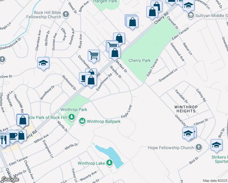 map of restaurants, bars, coffee shops, grocery stores, and more near 1211 Eden Terrace in Rock Hill