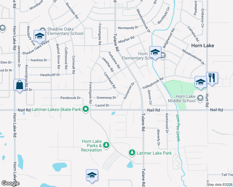 map of restaurants, bars, coffee shops, grocery stores, and more near 6205 Lynnfield Road in Horn Lake