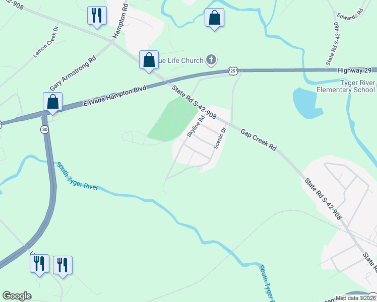 map of restaurants, bars, coffee shops, grocery stores, and more near 322 Skyline Road in Greer