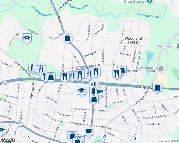 map of restaurants, bars, coffee shops, grocery stores, and more near 713 North Main Street in Greer