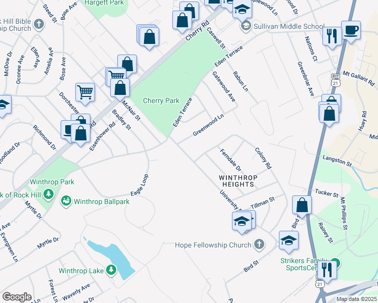 map of restaurants, bars, coffee shops, grocery stores, and more near 722 University Drive in Rock Hill