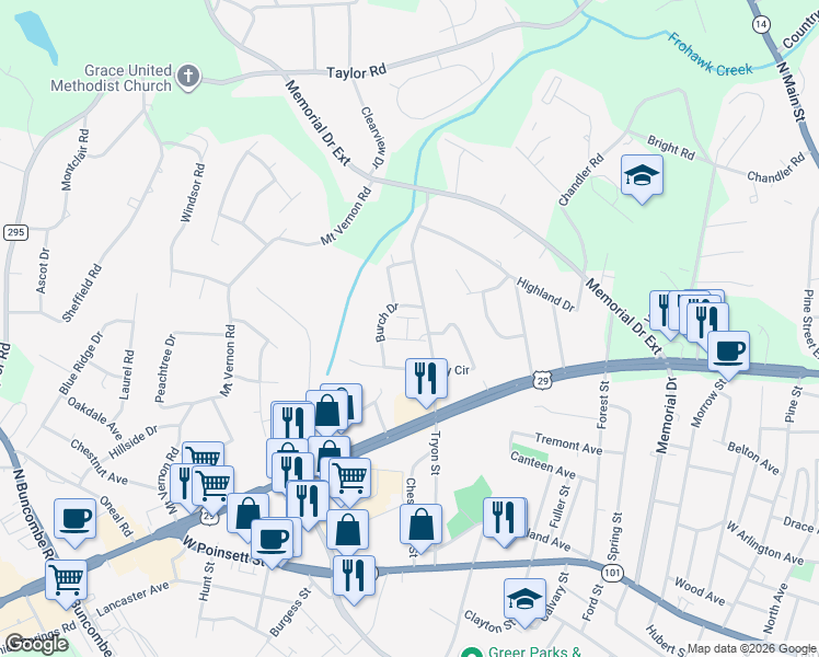map of restaurants, bars, coffee shops, grocery stores, and more near 305 Tryon Street in Greer