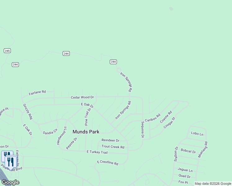 map of restaurants, bars, coffee shops, grocery stores, and more near 17020 Bowstring Road in Munds Park