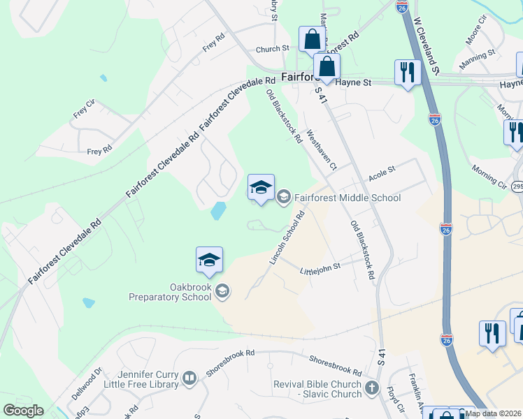 map of restaurants, bars, coffee shops, grocery stores, and more near 150 Lincoln School Road in Spartanburg