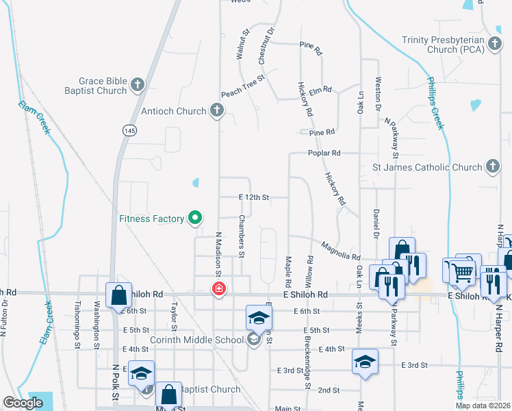 map of restaurants, bars, coffee shops, grocery stores, and more near East 11th Street in Corinth