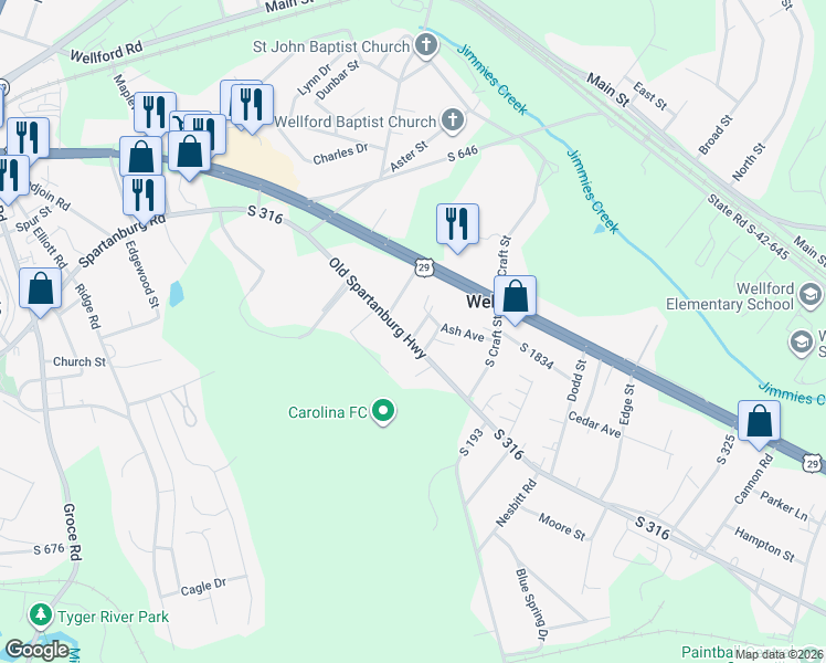 map of restaurants, bars, coffee shops, grocery stores, and more near 1026 Old Spartanburg Highway in Wellford