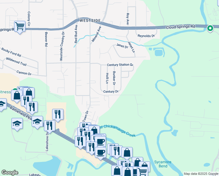 map of restaurants, bars, coffee shops, grocery stores, and more near 163 Holli Lane in Rossville