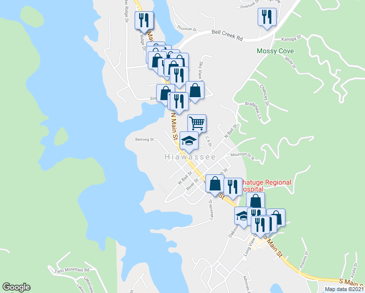 map of restaurants, bars, coffee shops, grocery stores, and more near 130 North Main Street in Hiawassee