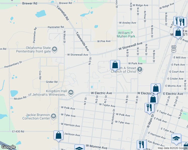 map of restaurants, bars, coffee shops, grocery stores, and more near 624 Hickory Ridge Drive in McAlester
